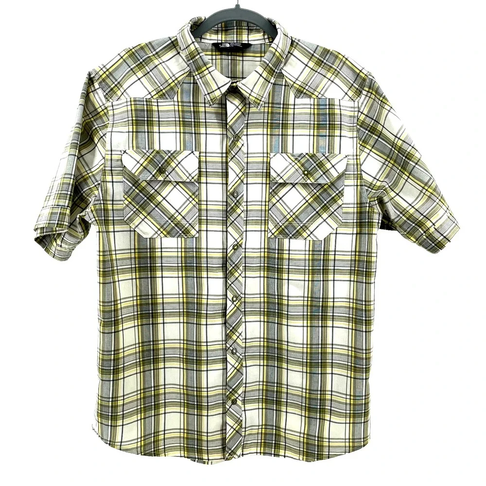 The North Face Mens Shirt L‎ Green Yellow Cream Plaid SS Snap Hike Outdoor
